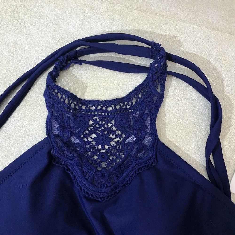Jessica Simpson Martinique Hi-Neck Sexy Crochet Top Bikini Swimsuit Blue New - Picture 7 of 13